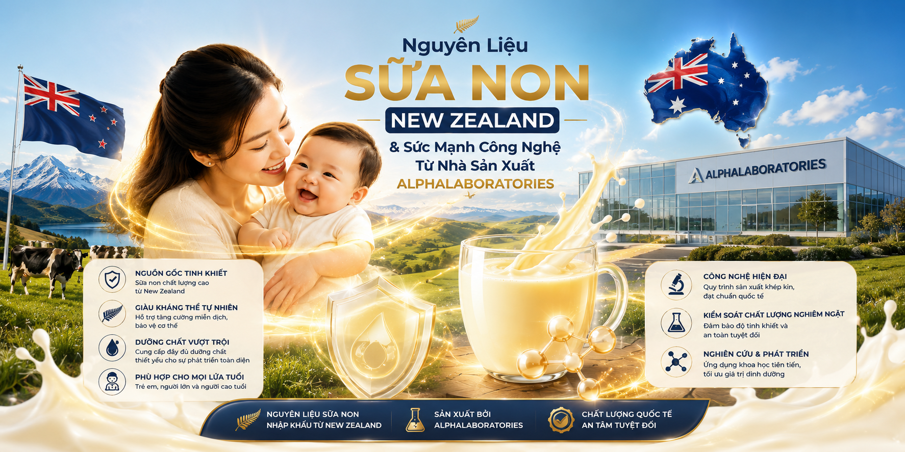 Bí Mật Vùng Nguyên Liệu Sữa Non New Zealand và Sức Mạnh Công Nghệ Từ đến từ nhà sản xuất Alphalaboratories.